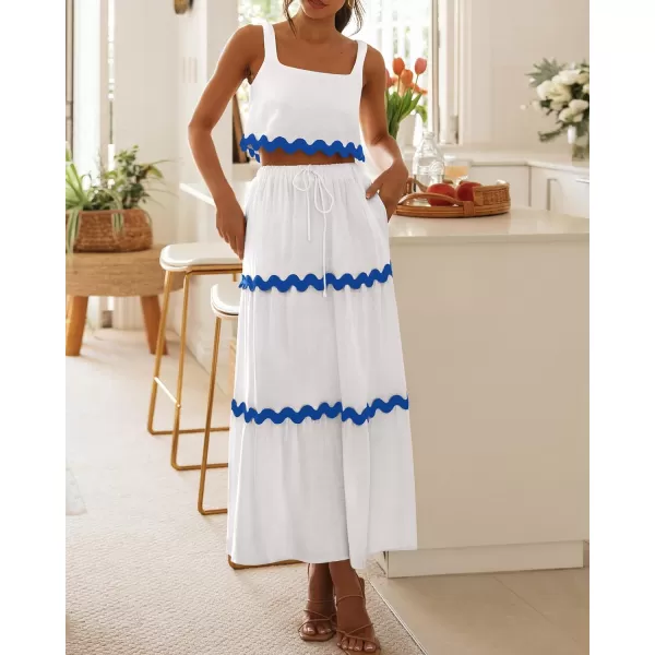 imageBTFBM Women Summer 2 Piece Beach Vacation Outfits Casual Sleeveless Crop Tops High Waisted Maxi Skirt Sets With PocketWhite Striped Blue