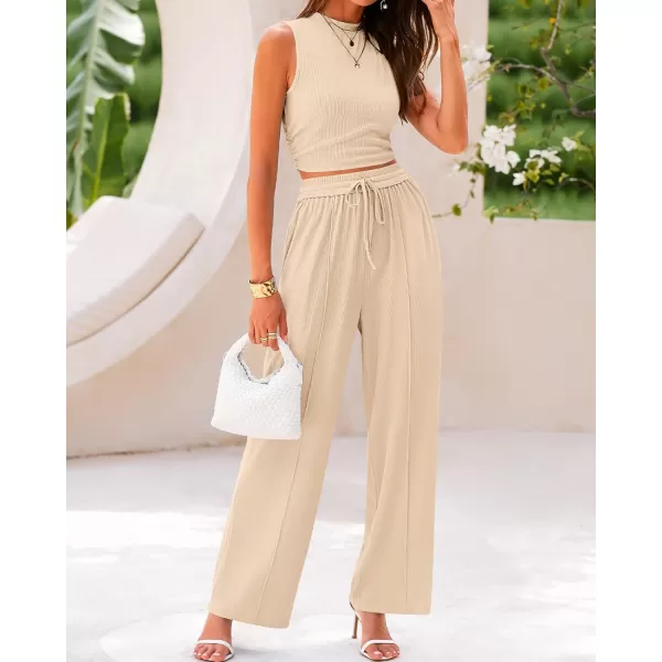 imageBTFBM Women Summer 2 Piece Outfits Ribbed Knit Crew Neck Sleeveless Cropped Top Elastic Waist Wide Leg Pants Lounge SetSolid Apricot