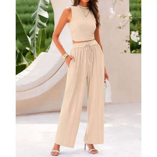 imageBTFBM Women Summer 2 Piece Outfits Ribbed Knit Crew Neck Sleeveless Cropped Top Elastic Waist Wide Leg Pants Lounge SetSolid Apricot