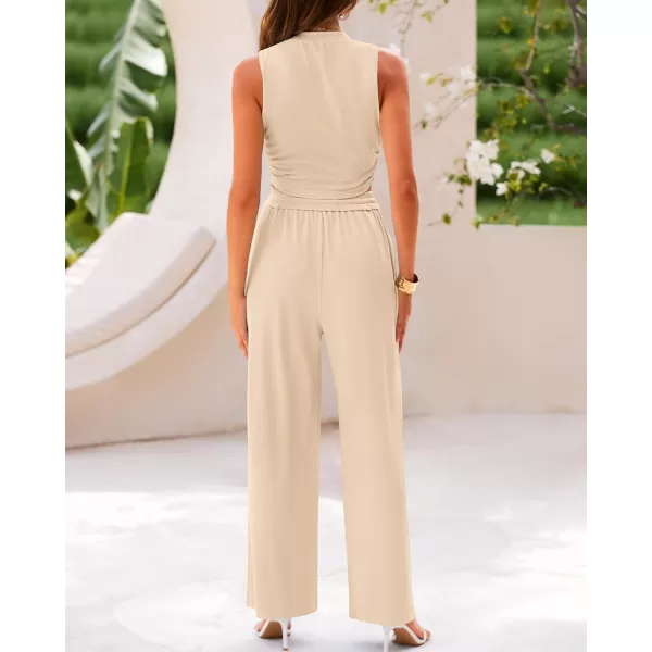 imageBTFBM Women Summer 2 Piece Outfits Ribbed Knit Crew Neck Sleeveless Cropped Top Elastic Waist Wide Leg Pants Lounge SetSolid Apricot
