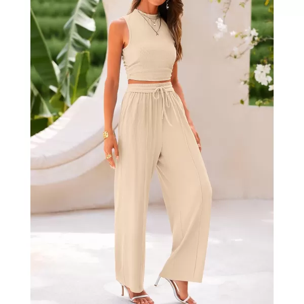 imageBTFBM Women Summer 2 Piece Outfits Ribbed Knit Crew Neck Sleeveless Cropped Top Elastic Waist Wide Leg Pants Lounge SetSolid Apricot