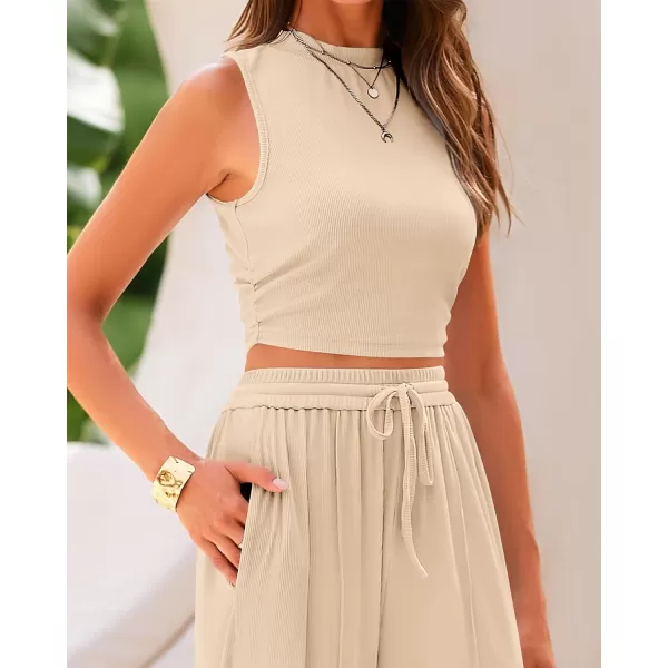 imageBTFBM Women Summer 2 Piece Outfits Ribbed Knit Crew Neck Sleeveless Cropped Top Elastic Waist Wide Leg Pants Lounge SetSolid Apricot