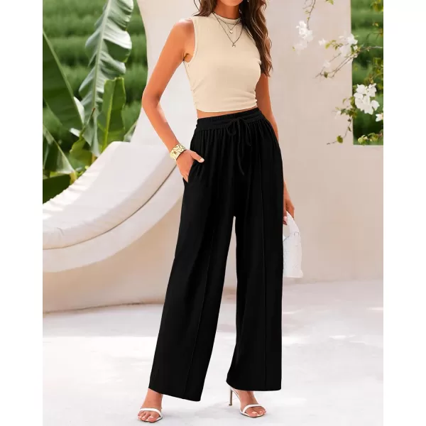 imageBTFBM Women Summer 2 Piece Outfits Ribbed Knit Crew Neck Sleeveless Cropped Top Elastic Waist Wide Leg Pants Lounge SetSolid Apricot Black
