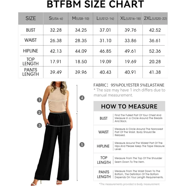 imageBTFBM Women Summer 2 Piece Outfits Ribbed Knit Crew Neck Sleeveless Cropped Top Elastic Waist Wide Leg Pants Lounge SetSolid Apricot Black