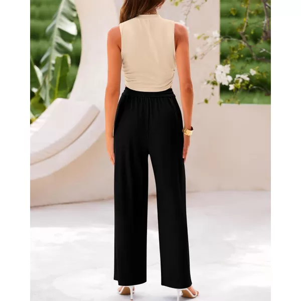 imageBTFBM Women Summer 2 Piece Outfits Ribbed Knit Crew Neck Sleeveless Cropped Top Elastic Waist Wide Leg Pants Lounge SetSolid Apricot Black