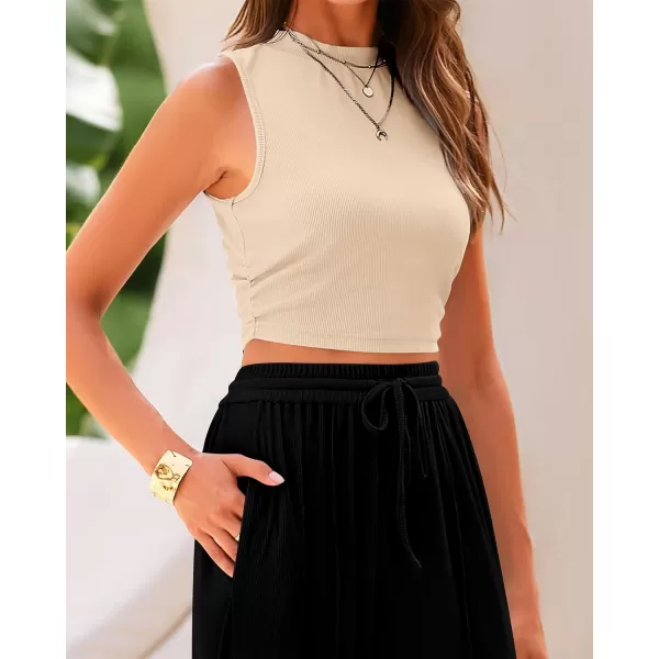 imageBTFBM Women Summer 2 Piece Outfits Ribbed Knit Crew Neck Sleeveless Cropped Top Elastic Waist Wide Leg Pants Lounge SetSolid Apricot Black