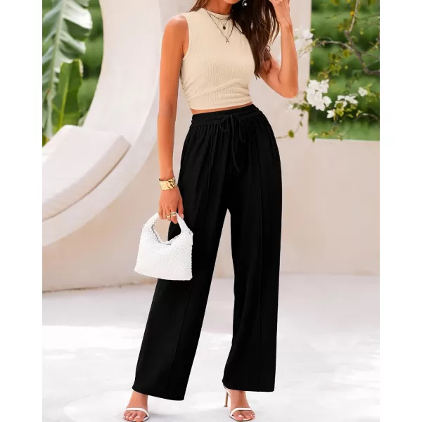 imageBTFBM Women Summer 2 Piece Outfits Ribbed Knit Crew Neck Sleeveless Cropped Top Elastic Waist Wide Leg Pants Lounge SetSolid Apricot Black