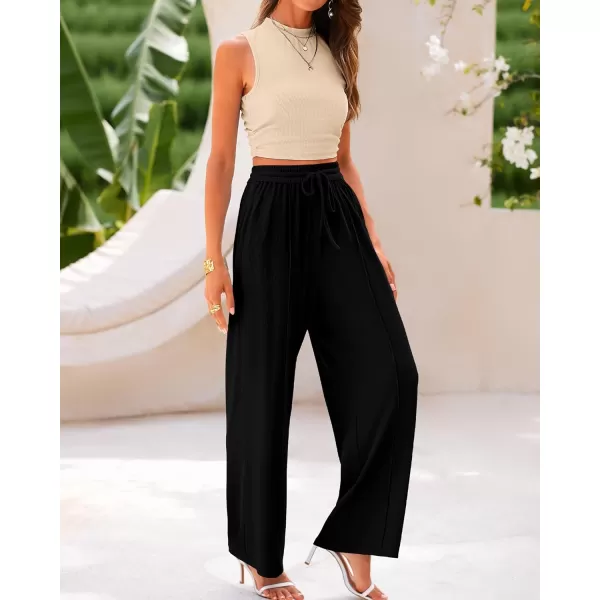 imageBTFBM Women Summer 2 Piece Outfits Ribbed Knit Crew Neck Sleeveless Cropped Top Elastic Waist Wide Leg Pants Lounge SetSolid Apricot Black