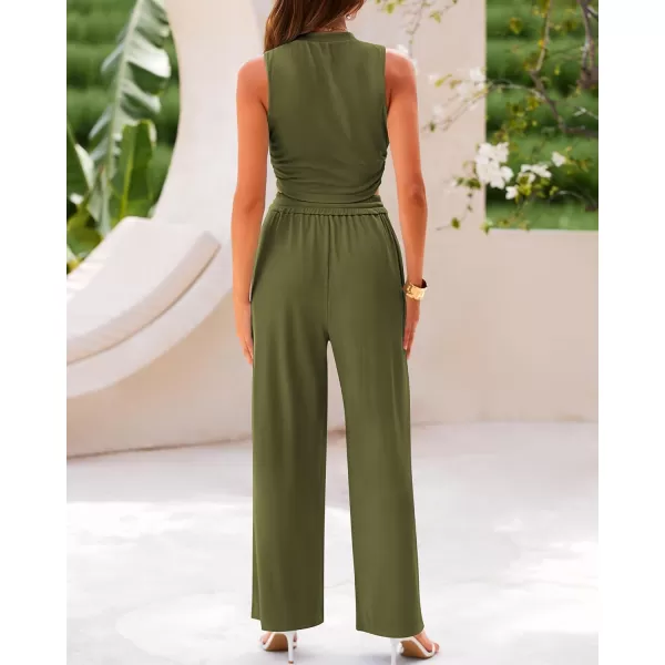 imageBTFBM Women Summer 2 Piece Outfits Ribbed Knit Crew Neck Sleeveless Cropped Top Elastic Waist Wide Leg Pants Lounge SetSolid Army Green