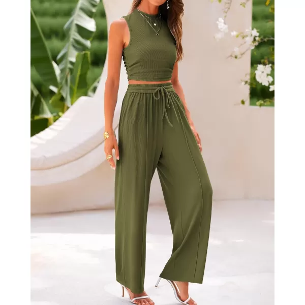 imageBTFBM Women Summer 2 Piece Outfits Ribbed Knit Crew Neck Sleeveless Cropped Top Elastic Waist Wide Leg Pants Lounge SetSolid Army Green