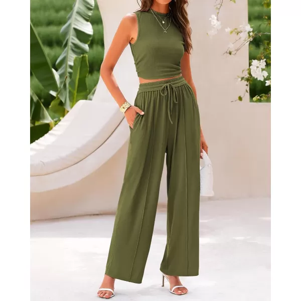 imageBTFBM Women Summer 2 Piece Outfits Ribbed Knit Crew Neck Sleeveless Cropped Top Elastic Waist Wide Leg Pants Lounge SetSolid Army Green