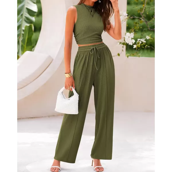 imageBTFBM Women Summer 2 Piece Outfits Ribbed Knit Crew Neck Sleeveless Cropped Top Elastic Waist Wide Leg Pants Lounge SetSolid Army Green