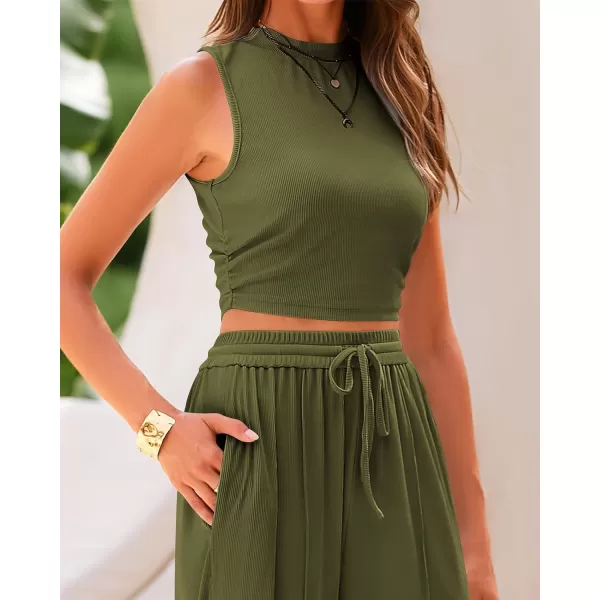 imageBTFBM Women Summer 2 Piece Outfits Ribbed Knit Crew Neck Sleeveless Cropped Top Elastic Waist Wide Leg Pants Lounge SetSolid Army Green