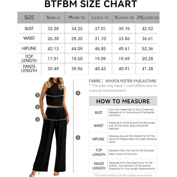 imageBTFBM Women Summer 2 Piece Outfits Ribbed Knit Crew Neck Sleeveless Cropped Top Elastic Waist Wide Leg Pants Lounge SetSolid Black