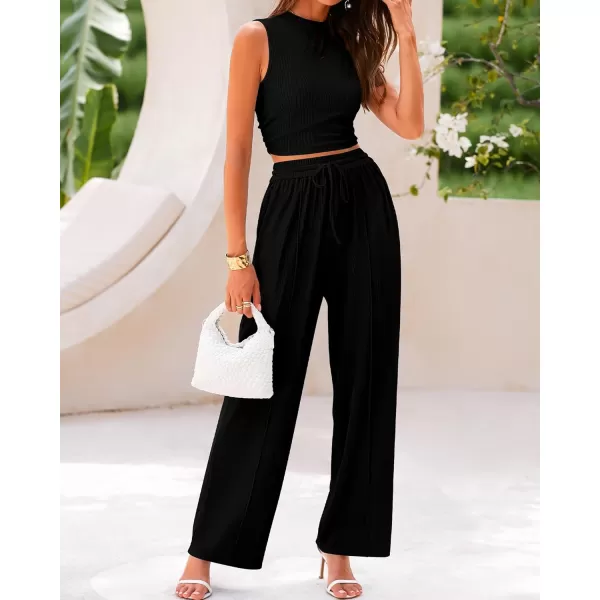 imageBTFBM Women Summer 2 Piece Outfits Ribbed Knit Crew Neck Sleeveless Cropped Top Elastic Waist Wide Leg Pants Lounge SetSolid Black