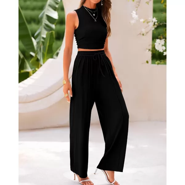 imageBTFBM Women Summer 2 Piece Outfits Ribbed Knit Crew Neck Sleeveless Cropped Top Elastic Waist Wide Leg Pants Lounge SetSolid Black
