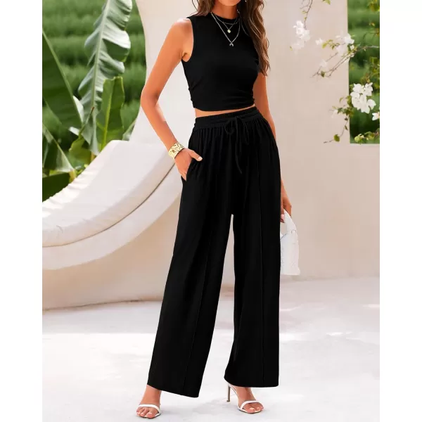 imageBTFBM Women Summer 2 Piece Outfits Ribbed Knit Crew Neck Sleeveless Cropped Top Elastic Waist Wide Leg Pants Lounge SetSolid Black