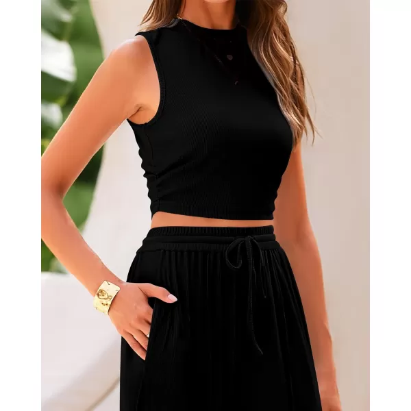 imageBTFBM Women Summer 2 Piece Outfits Ribbed Knit Crew Neck Sleeveless Cropped Top Elastic Waist Wide Leg Pants Lounge SetSolid Black