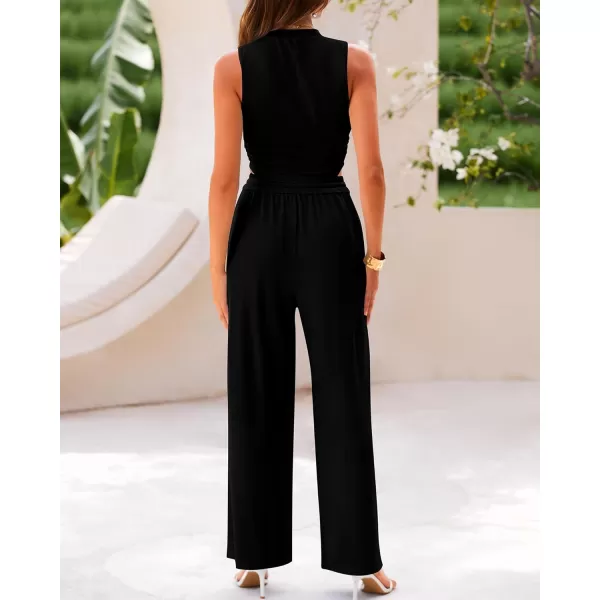 imageBTFBM Women Summer 2 Piece Outfits Ribbed Knit Crew Neck Sleeveless Cropped Top Elastic Waist Wide Leg Pants Lounge SetSolid Black