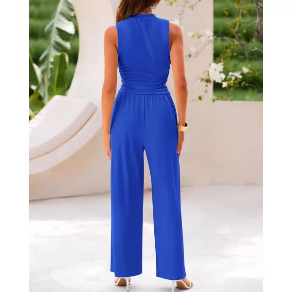 imageBTFBM Women Summer 2 Piece Outfits Ribbed Knit Crew Neck Sleeveless Cropped Top Elastic Waist Wide Leg Pants Lounge SetSolid Blue
