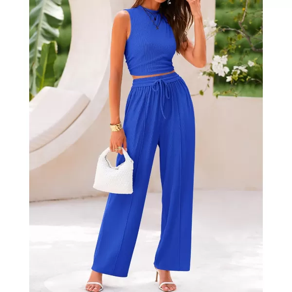 imageBTFBM Women Summer 2 Piece Outfits Ribbed Knit Crew Neck Sleeveless Cropped Top Elastic Waist Wide Leg Pants Lounge SetSolid Blue