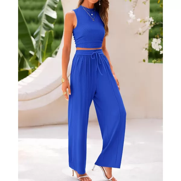 imageBTFBM Women Summer 2 Piece Outfits Ribbed Knit Crew Neck Sleeveless Cropped Top Elastic Waist Wide Leg Pants Lounge SetSolid Blue