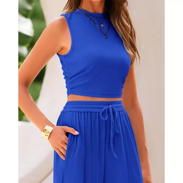 imageBTFBM Women Summer 2 Piece Outfits Ribbed Knit Crew Neck Sleeveless Cropped Top Elastic Waist Wide Leg Pants Lounge SetSolid Blue