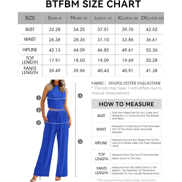 imageBTFBM Women Summer 2 Piece Outfits Ribbed Knit Crew Neck Sleeveless Cropped Top Elastic Waist Wide Leg Pants Lounge SetSolid Blue