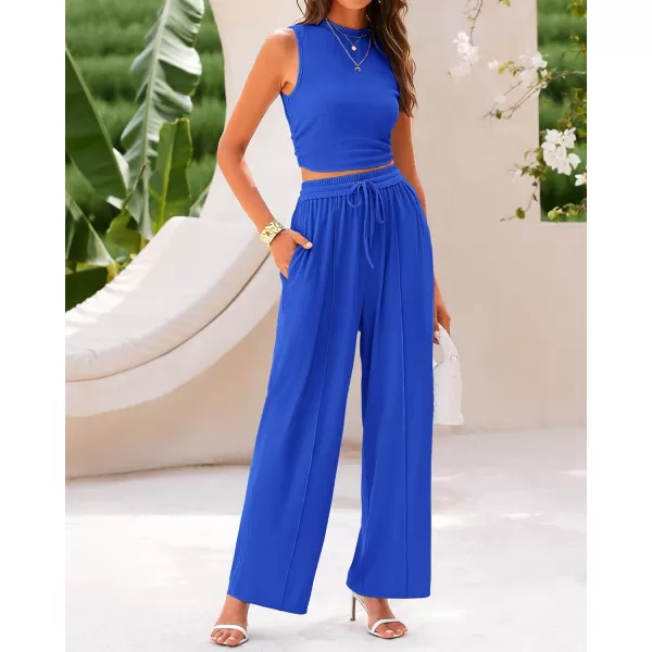 imageBTFBM Women Summer 2 Piece Outfits Ribbed Knit Crew Neck Sleeveless Cropped Top Elastic Waist Wide Leg Pants Lounge SetSolid Blue