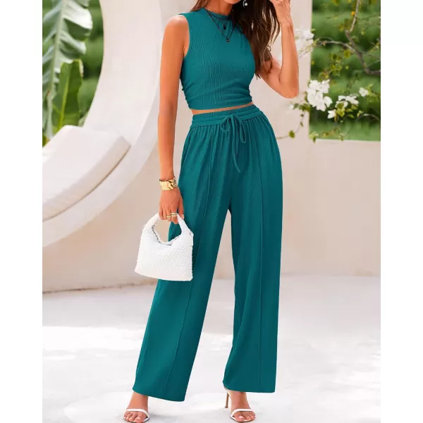 imageBTFBM Women Summer 2 Piece Outfits Ribbed Knit Crew Neck Sleeveless Cropped Top Elastic Waist Wide Leg Pants Lounge SetSolid Blue Green