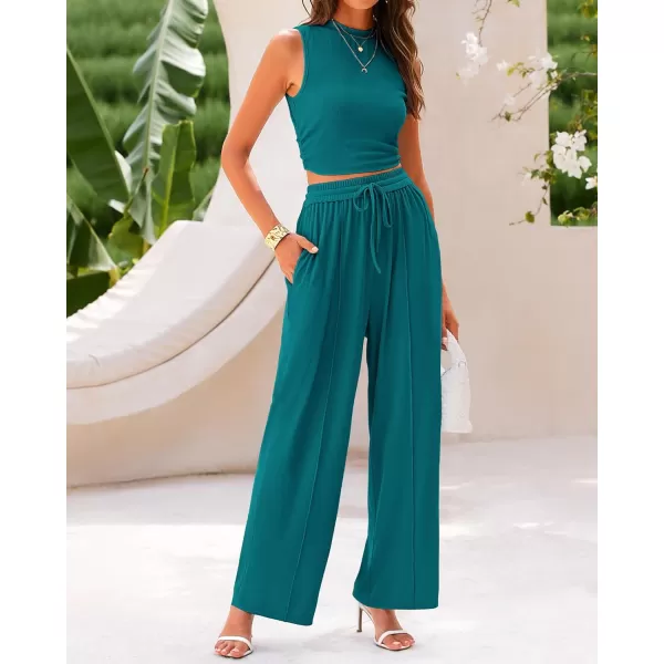 imageBTFBM Women Summer 2 Piece Outfits Ribbed Knit Crew Neck Sleeveless Cropped Top Elastic Waist Wide Leg Pants Lounge SetSolid Blue Green
