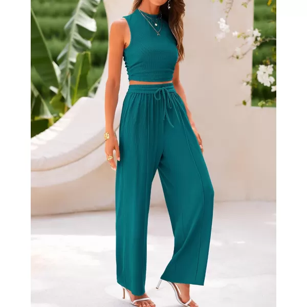 imageBTFBM Women Summer 2 Piece Outfits Ribbed Knit Crew Neck Sleeveless Cropped Top Elastic Waist Wide Leg Pants Lounge SetSolid Blue Green