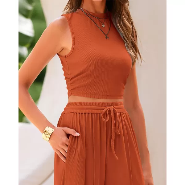imageBTFBM Women Summer 2 Piece Outfits Ribbed Knit Crew Neck Sleeveless Cropped Top Elastic Waist Wide Leg Pants Lounge SetSolid Brick Red