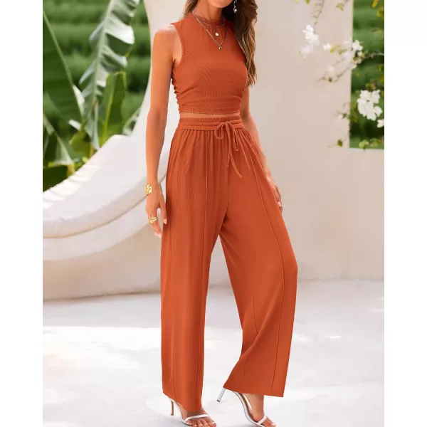 imageBTFBM Women Summer 2 Piece Outfits Ribbed Knit Crew Neck Sleeveless Cropped Top Elastic Waist Wide Leg Pants Lounge SetSolid Brick Red