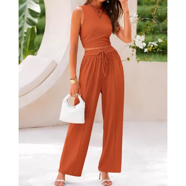 imageBTFBM Women Summer 2 Piece Outfits Ribbed Knit Crew Neck Sleeveless Cropped Top Elastic Waist Wide Leg Pants Lounge SetSolid Brick Red