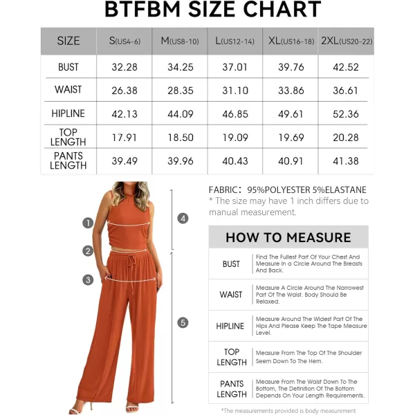 imageBTFBM Women Summer 2 Piece Outfits Ribbed Knit Crew Neck Sleeveless Cropped Top Elastic Waist Wide Leg Pants Lounge SetSolid Brick Red
