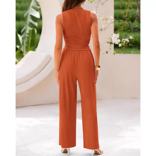 imageBTFBM Women Summer 2 Piece Outfits Ribbed Knit Crew Neck Sleeveless Cropped Top Elastic Waist Wide Leg Pants Lounge SetSolid Brick Red