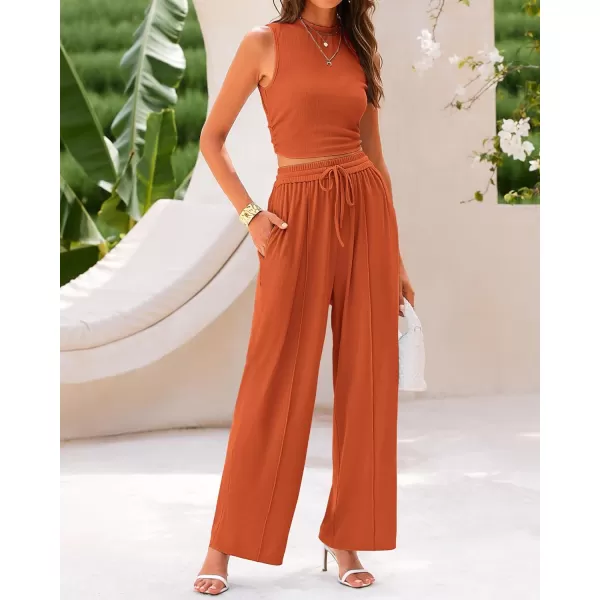 imageBTFBM Women Summer 2 Piece Outfits Ribbed Knit Crew Neck Sleeveless Cropped Top Elastic Waist Wide Leg Pants Lounge SetSolid Brick Red