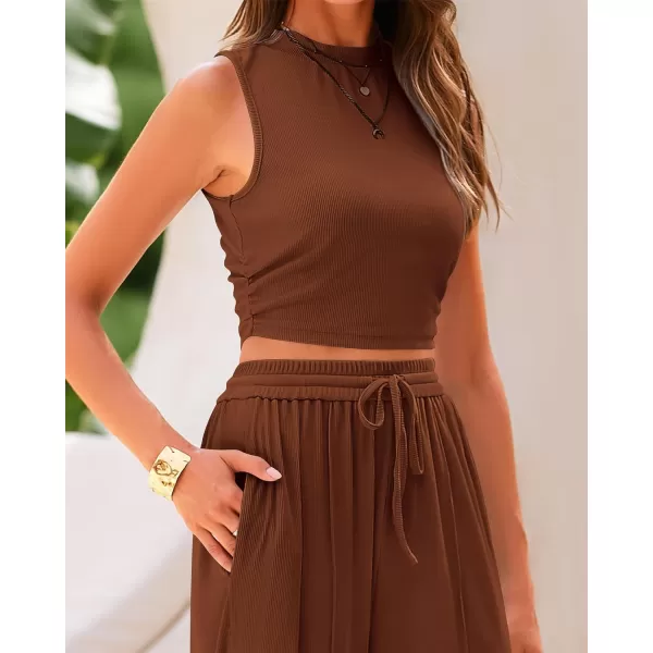 imageBTFBM Women Summer 2 Piece Outfits Ribbed Knit Crew Neck Sleeveless Cropped Top Elastic Waist Wide Leg Pants Lounge SetSolid Brown