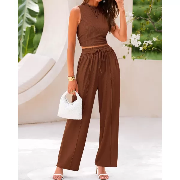 imageBTFBM Women Summer 2 Piece Outfits Ribbed Knit Crew Neck Sleeveless Cropped Top Elastic Waist Wide Leg Pants Lounge SetSolid Brown