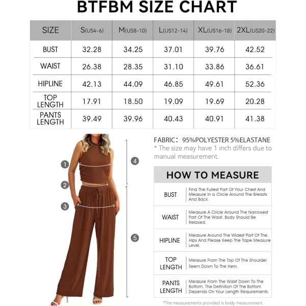imageBTFBM Women Summer 2 Piece Outfits Ribbed Knit Crew Neck Sleeveless Cropped Top Elastic Waist Wide Leg Pants Lounge SetSolid Brown
