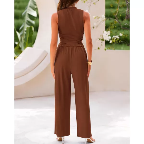 imageBTFBM Women Summer 2 Piece Outfits Ribbed Knit Crew Neck Sleeveless Cropped Top Elastic Waist Wide Leg Pants Lounge SetSolid Brown