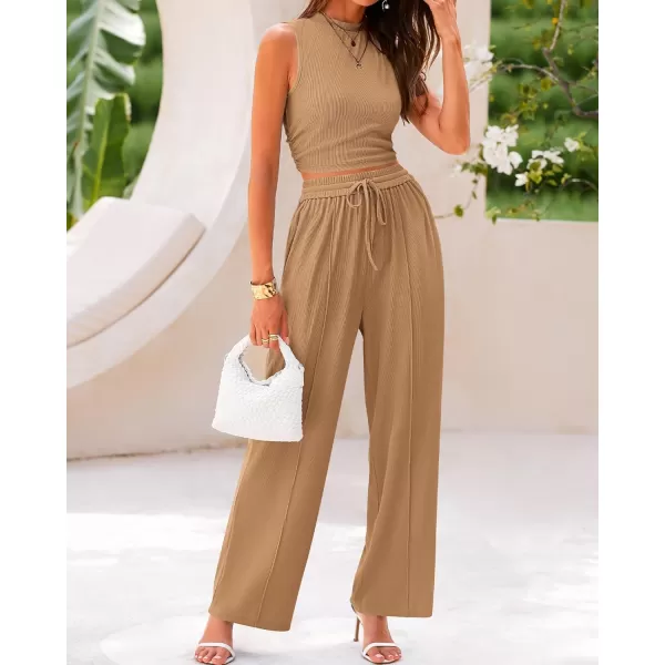 imageBTFBM Women Summer 2 Piece Outfits Ribbed Knit Crew Neck Sleeveless Cropped Top Elastic Waist Wide Leg Pants Lounge SetSolid Camel