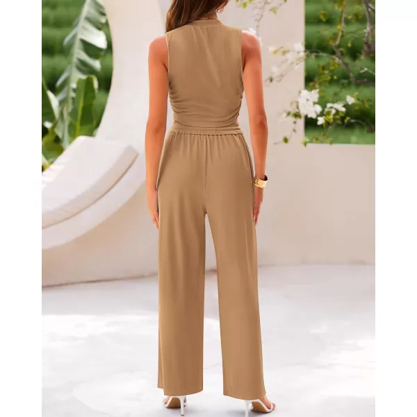 imageBTFBM Women Summer 2 Piece Outfits Ribbed Knit Crew Neck Sleeveless Cropped Top Elastic Waist Wide Leg Pants Lounge SetSolid Camel