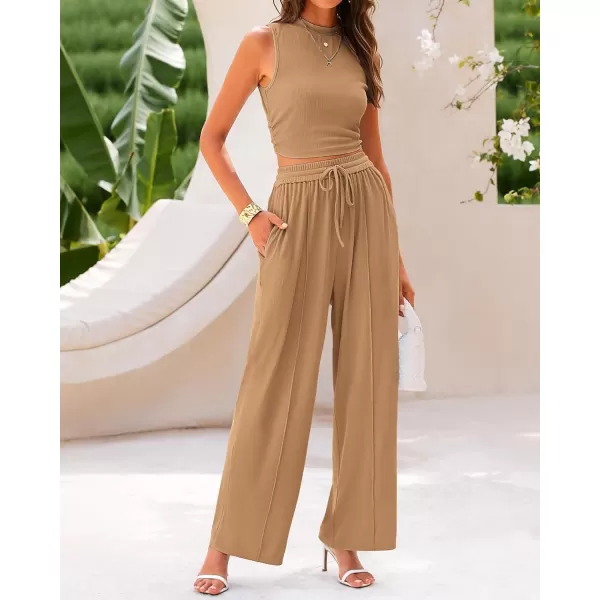imageBTFBM Women Summer 2 Piece Outfits Ribbed Knit Crew Neck Sleeveless Cropped Top Elastic Waist Wide Leg Pants Lounge SetSolid Camel