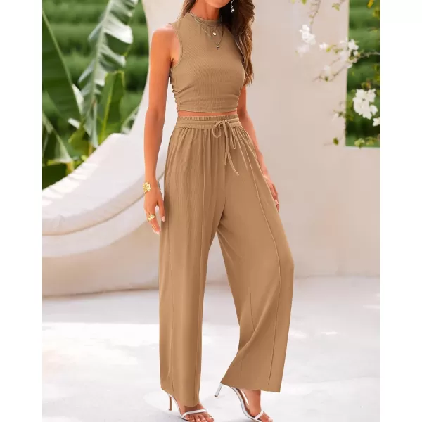 imageBTFBM Women Summer 2 Piece Outfits Ribbed Knit Crew Neck Sleeveless Cropped Top Elastic Waist Wide Leg Pants Lounge SetSolid Camel