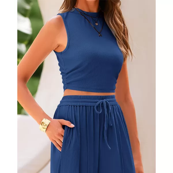 imageBTFBM Women Summer 2 Piece Outfits Ribbed Knit Crew Neck Sleeveless Cropped Top Elastic Waist Wide Leg Pants Lounge SetSolid Dark Blue