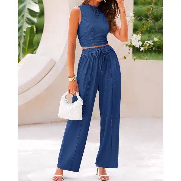 imageBTFBM Women Summer 2 Piece Outfits Ribbed Knit Crew Neck Sleeveless Cropped Top Elastic Waist Wide Leg Pants Lounge SetSolid Dark Blue