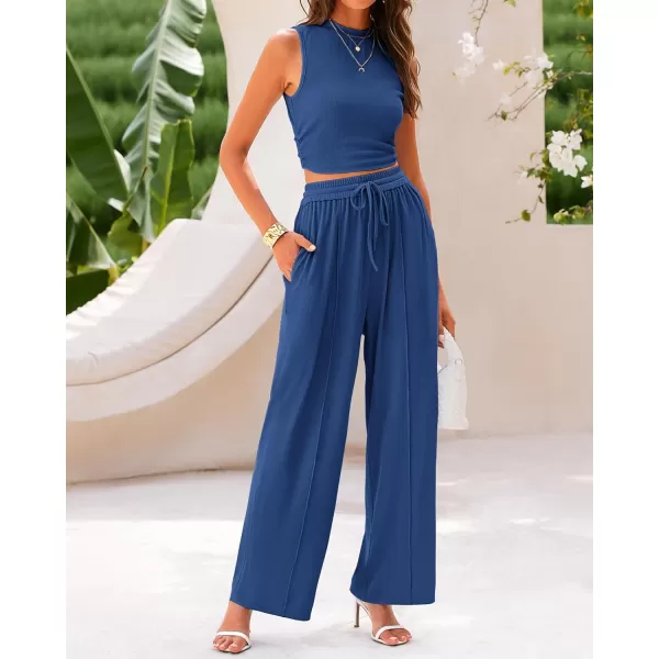 imageBTFBM Women Summer 2 Piece Outfits Ribbed Knit Crew Neck Sleeveless Cropped Top Elastic Waist Wide Leg Pants Lounge SetSolid Dark Blue