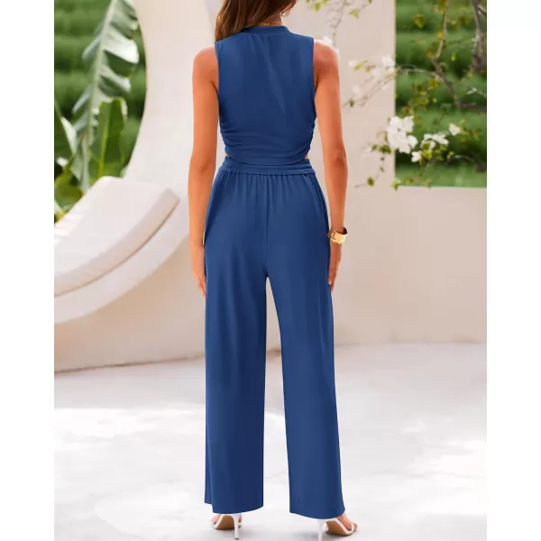 imageBTFBM Women Summer 2 Piece Outfits Ribbed Knit Crew Neck Sleeveless Cropped Top Elastic Waist Wide Leg Pants Lounge SetSolid Dark Blue